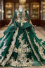 Dark Green Ball Gowns Tulle Appliques V Neck Long Sleeve Wedding Dresses