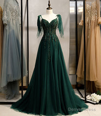 Dark Green Beaded Tulle Straps A-line Formal Dresses, Green Evening Dress Prom Dresses