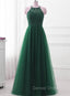 Dark Green Cross Back Tulle Halter Long Party Dresses, A-line Junior Prom Dresses