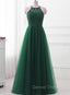 Dark Green Cross Back Tulle Halter Long Prom Dress, A Line Junior Prom Dresses