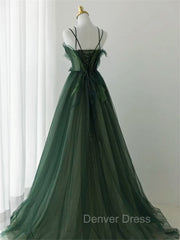 Dark Green Long Beaded A-line Evening Dresses Party Dresses, Green Prom Dresses