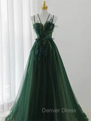 Dark Green Long Beaded A-line Evening Dresses Party Dresses, Green Prom Dresses