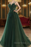 Dark Green Long Beaded A-line Evening Dresses Party Dresses, Green Prom Dresses