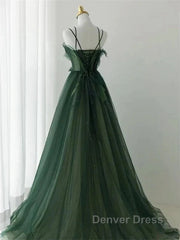 Dark Green Long Beaded A-Line Evening Dresses Party Dresses Prom Dresses Formal Dresses December Wedding Guest Dresses