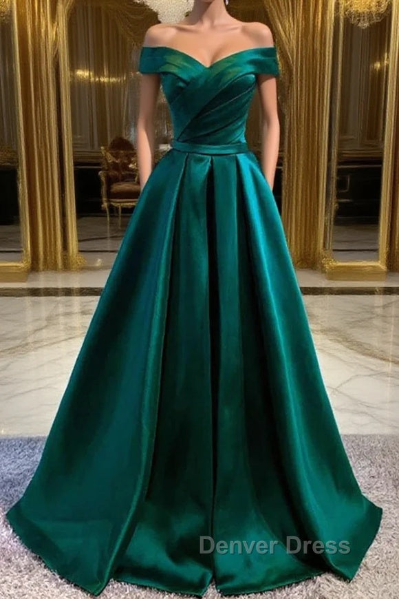 Dark Green Long Prom Dress Elegant A Line Off the Shoulder Prom Dresse