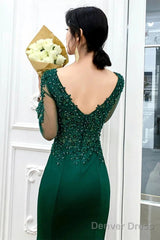 Dark Green Long Sleeve Beading Appliques Mermaid Prom Dress