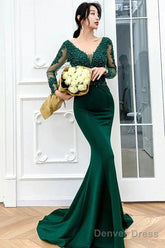 Dark Green Long Sleeve Beading Appliques Mermaid Prom Dress
