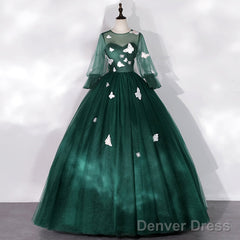 Dark Green Long Sleeves Ball Gown Sweet 16 Dresses, Green Tulle Round Neckline Prom Dresses