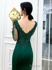 Dark Green Mermaid Lace And Beaded Evening Dresses, Green Prom Dress Party Dress