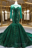 Dark Green Mermaid Sequins Long Sleeve Prom Dresses With Train
