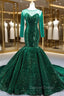 Dark Green Mermaid Sequins Long Sleeve Prom Dresses With Train