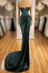 Dark Green Mermaid Spaghetti-Straps Satin Long Prom Dresses With Beadings