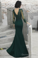 Dark Green Mermaid Spandex Long Evening Dress With Lace, Long Sleeves Prom Dresses