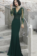 Dark Green Mermaid Spandex Long Evening Dress With Lace, Long Sleeves Prom Dresses