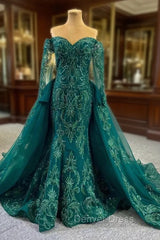 Dark Green Mermaid Tulle Appliques Beading Prom Dresses