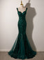 Dark Green Mermaid Tulle With Sequins Straps Prom Dress, Mermaid Long Prom Dresses