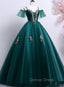 Dark Green Off Shoulder Tulle Party Dresses with Lace, Green Formal Dresses Prom Dresses