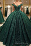 Dark Green Off the Shoulder Ball Gowns Sequined Quinceanera Dresses
