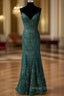 Dark Green Prom Dress, Trumpet Mermaid V Neck Spaghetti Straps Long Floor Length Tulle Prom Dresses With Appliqued Beading