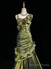 Dark Green Retro Mermaid Irregular Neckline Satin Beaded Long Prom Dress Birthday Graduation Prom Dress