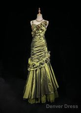 Dark Green Retro Mermaid Irregular Neckline Satin Beaded Long Prom Dress Birthday Graduation Prom Dress