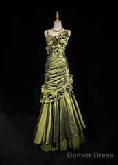 Dark Green Retro Mermaid Irregular Neckline Satin Beaded Long Prom Dress Birthday Graduation Prom Dress