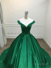 Dark Green Satin Ball Gown Long Evening Dress Prom Dress, Green Formal Dresses