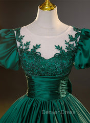 Dark Green Satin Ball Gown Sweet 16 Dresses, Green Long Formal Dresses Party Dresses