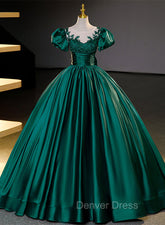 Dark Green Satin Ball Gown Sweet 16 Dresses, Green Long Formal Dresses Party Dresses