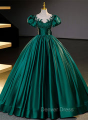 Dark Green Satin Ball Gown Sweet 16 Dresses, Green Long Formal Dresses Party Dresses