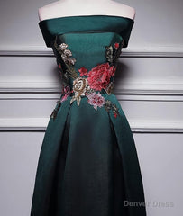 Dark Green Satin Off Shoulder Floor Length Satin Party Dress, Green Prom Dress Formal Dress