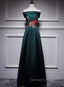 Dark Green Satin Off Shoulder Floor Length Satin Party Dresses, Green Prom Dresses Formal Dresses
