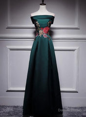 Dark Green Satin Off Shoulder Floor Length Satin Party Dress, Green Prom Dress Formal Dress