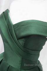 Dark Green Satin Off Shoulder Knee Length Party Dresses, Green Homecoming Dresses Prom Dresses