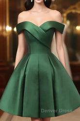 Dark Green Satin Off Shoulder Knee Length Party Dresses, Green Homecoming Dresses Prom Dresses