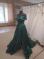 Dark Green Satin Off Shoulder Long Prom Dress with Slit, Long Prom Dresses