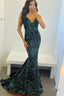 Dark Green Sequins Backless Mermaid Prom Dresses