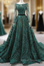 Dark Green Sequins Long Sleeve Backless Prom Dresses With Long Train