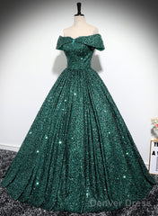 Dark Green Sequins Off Shoulder Ball Gown Prom Dress, Dark Green Formal Dress