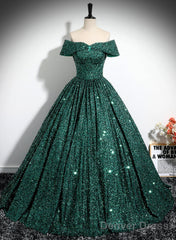 Dark Green Sequins Off Shoulder Ball Gown Prom Dress, Dark Green Formal Dress