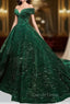 Dark Green Sequins Off Shoulder Ball Gown Sweet 16 Dresses, Dark Green Prom Dresses