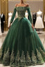 Dark Green Sleeves with Gold Lace Sweet 16 Dresses, Dark Green Long Formal Dresses