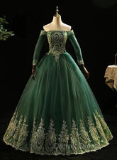 Dark Green Sleeves with Gold Lace Sweet 16 Dresses, Dark Green Long Formal Dresses