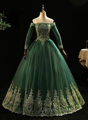 Dark Green Sleeves with Gold Lace Sweet 16 Dresses, Dark Green Long Formal Dresses