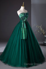 Dark Green Strapless Tulle Long Prom Dresses, Beautiful A-Line Formal Evening Dresses