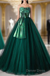 Dark Green Strapless Tulle Long Prom Dresses, Beautiful A-Line Formal Evening Dresses