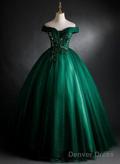 Dark Green Sweetheart Off Shoulder Long Party Dress With Lace Applique, Green Prom Dress
