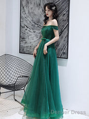 Dark Green Tulle Beaded Off Shoulder Long Party Dresses, A-Line Long Evening Dresses