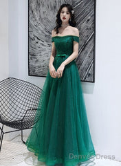 Dark Green Tulle Beaded Off Shoulder Long Party Dresses, A-Line Long Evening Dresses