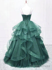Dark Green Tulle Layers Straps V-Neckline Prom Dress, Dark Green Tulle Evening Dress